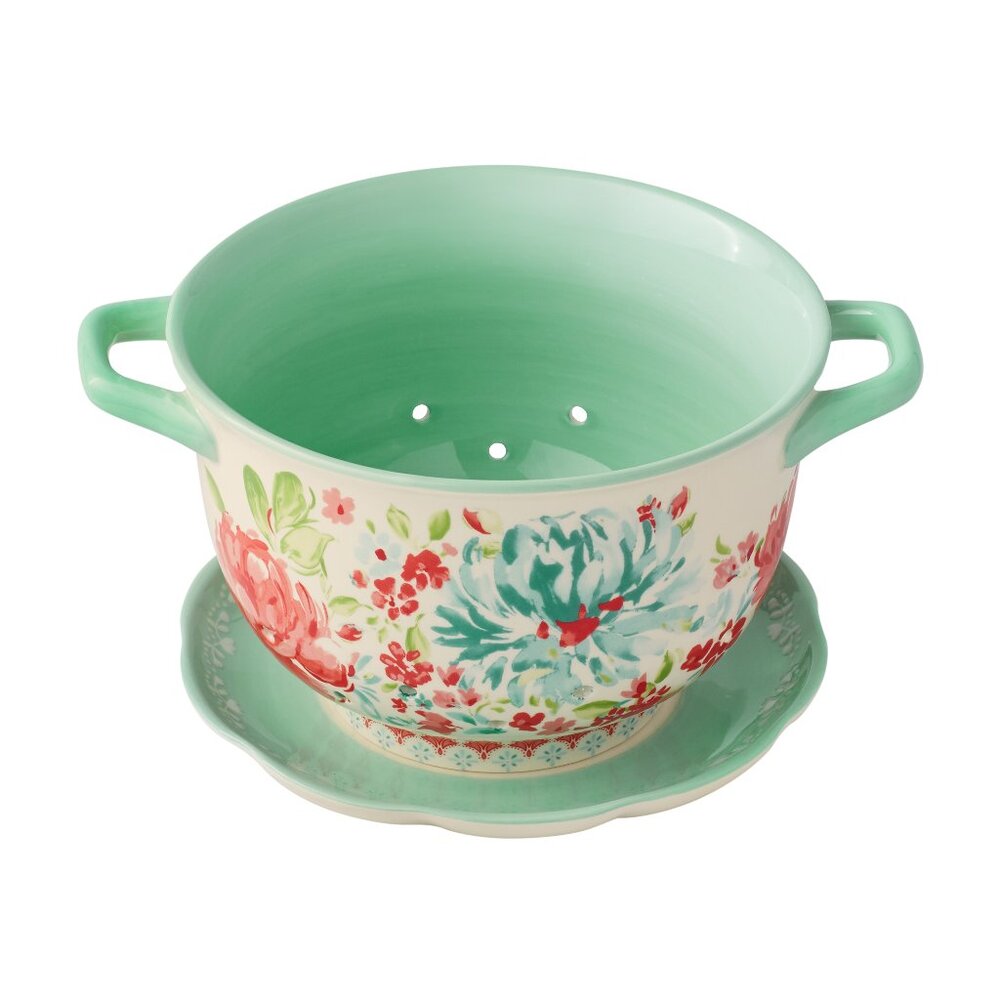 Pioneer Woman Colander With Drip Plate Gorgeous Garden Floral Stoneware New